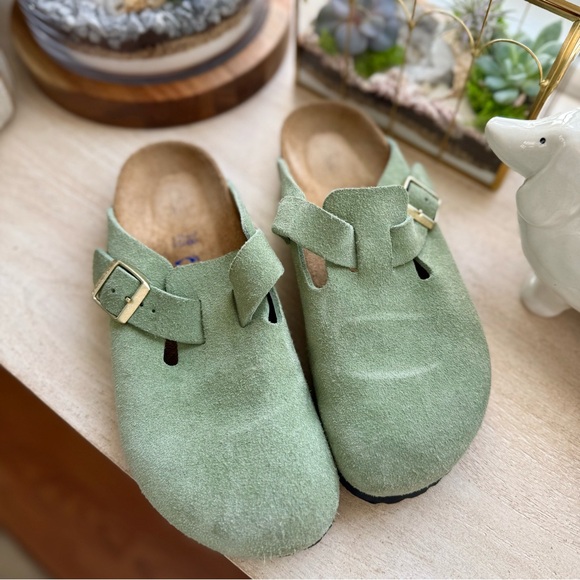Birkenstock Boston Soft Footbed Suede Leather in Green Tea - Picture 8 of 16